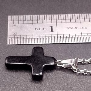 925 Silver Necklace W/ Cross Black Jet Stone Vtg Boho Valentine Birthday Gift